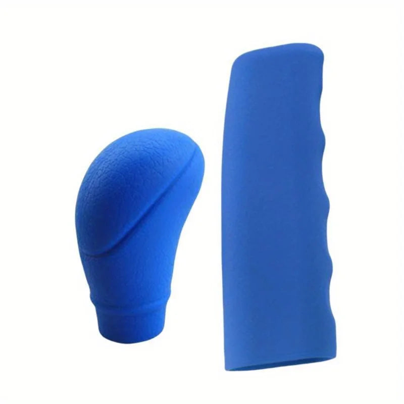 A set of blue car gear shift knob and handbrake covers.