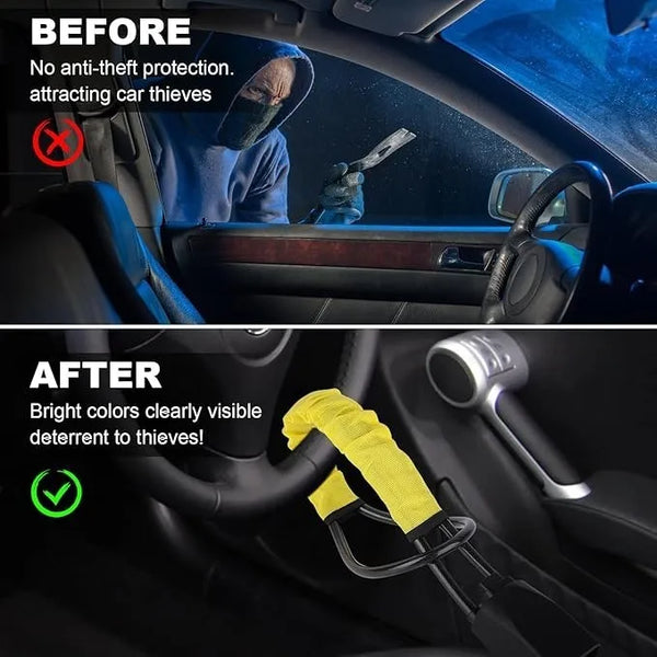 Vorher-Nachher-Vergleich der Installation einer Anti-Diebstahl-Verriegelung am Lenkrad eines Autos.