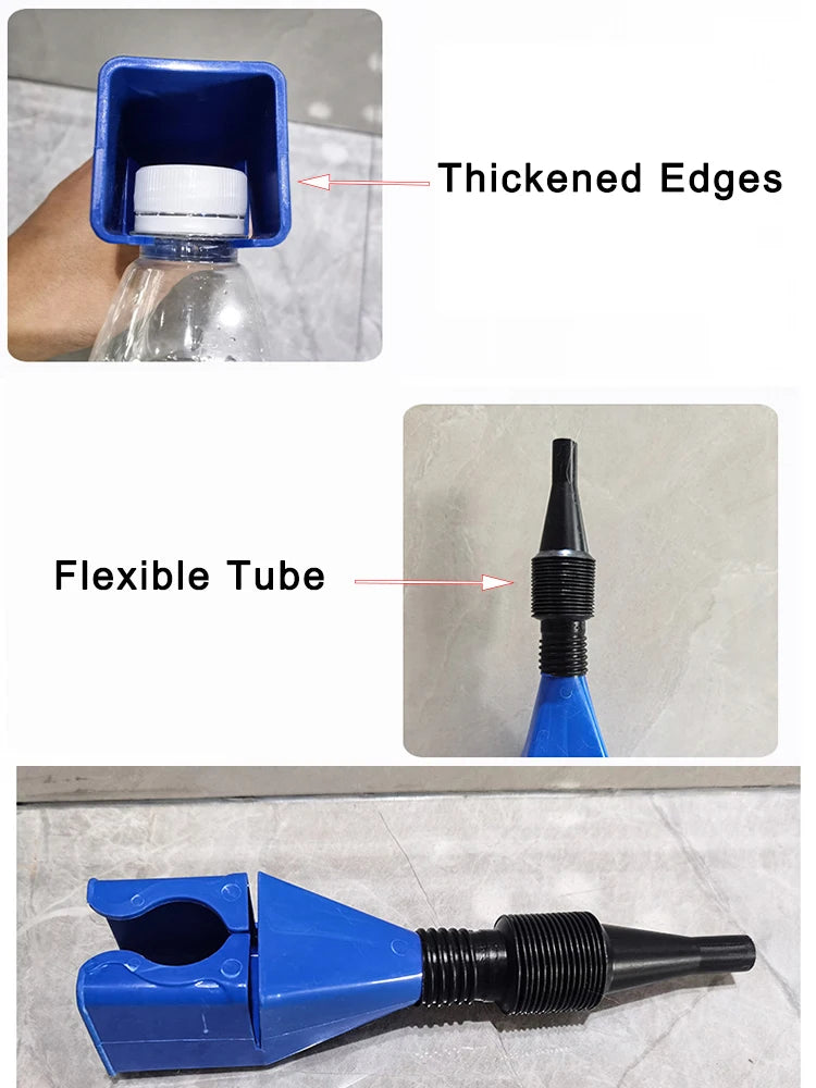 A blue foldable funnel with thickened edges and a flexible tube, used for refueling.