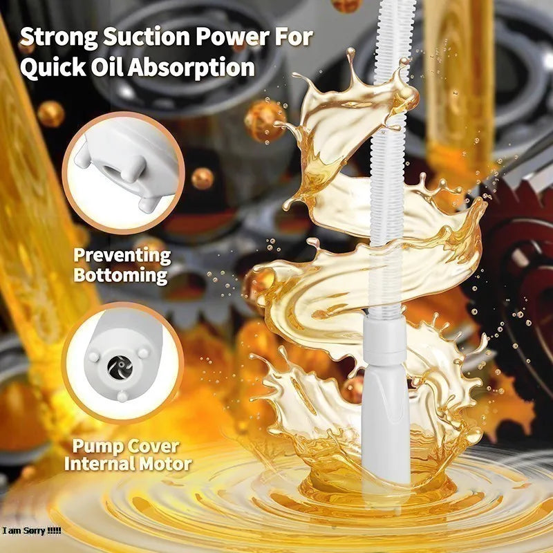 A white portable auto-stop fuel transfer pump is shown dispensing oil, with features highlighting strong suction power and pr