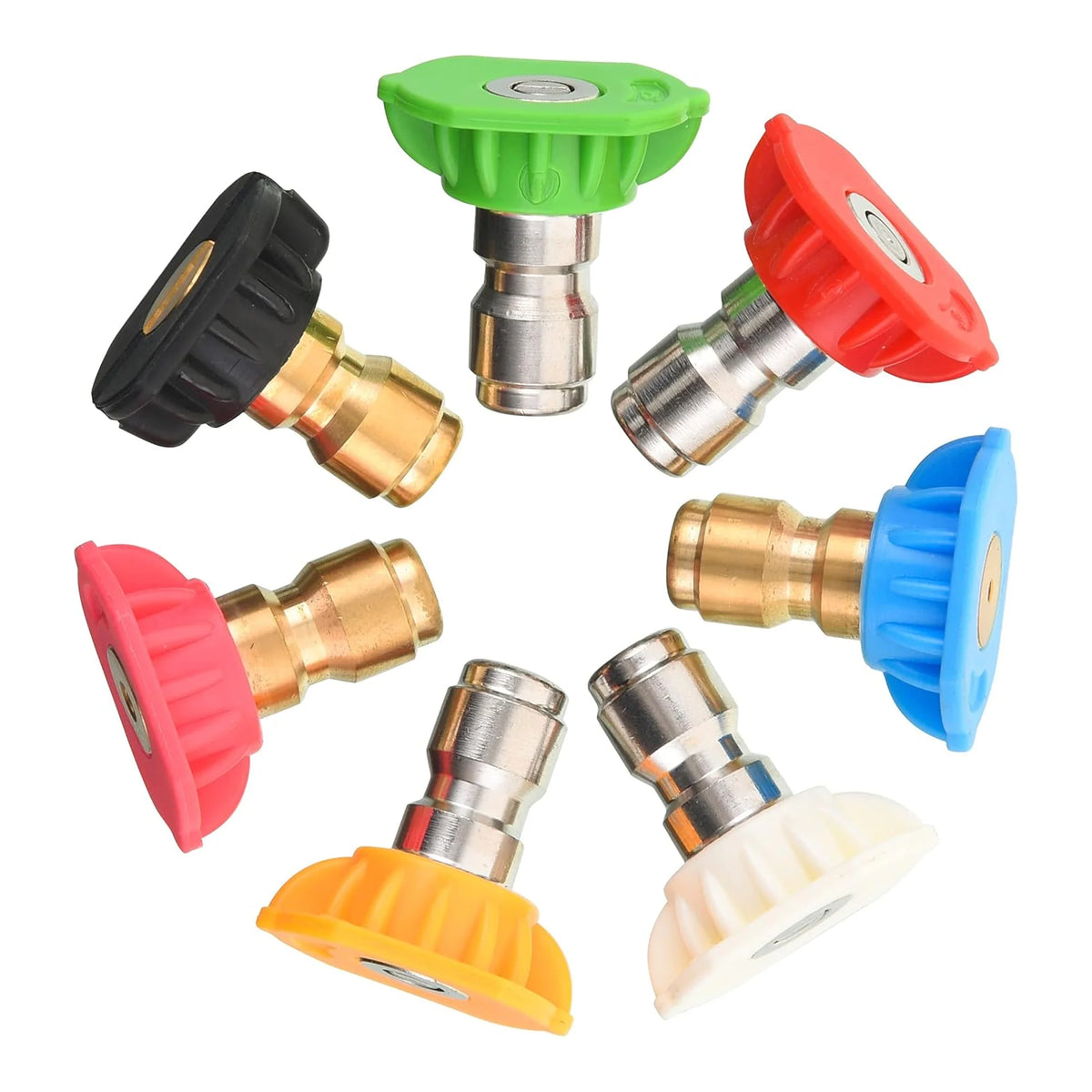 A set of multi-angle high-pressure water nozzles in various colors including green, red, blue, and yellow.