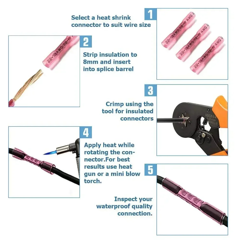 Five steps showing how to use a heat shrink connector to insulate and join wires.