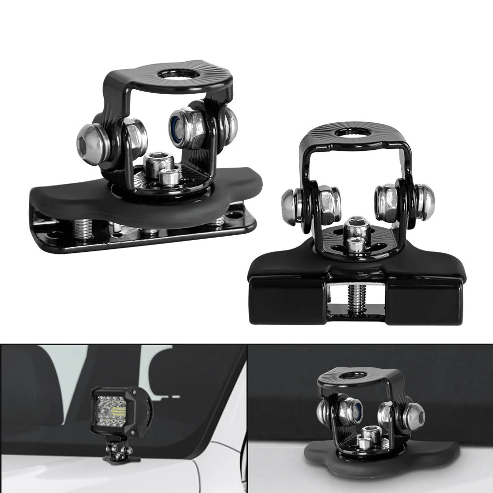 Black universal LED light bar mounting brackets with adjustable clamps and mounting plates
