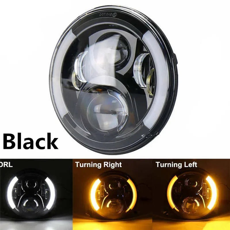 Black 7 inch motorcycle LED headlight with clear lens and internal illumination