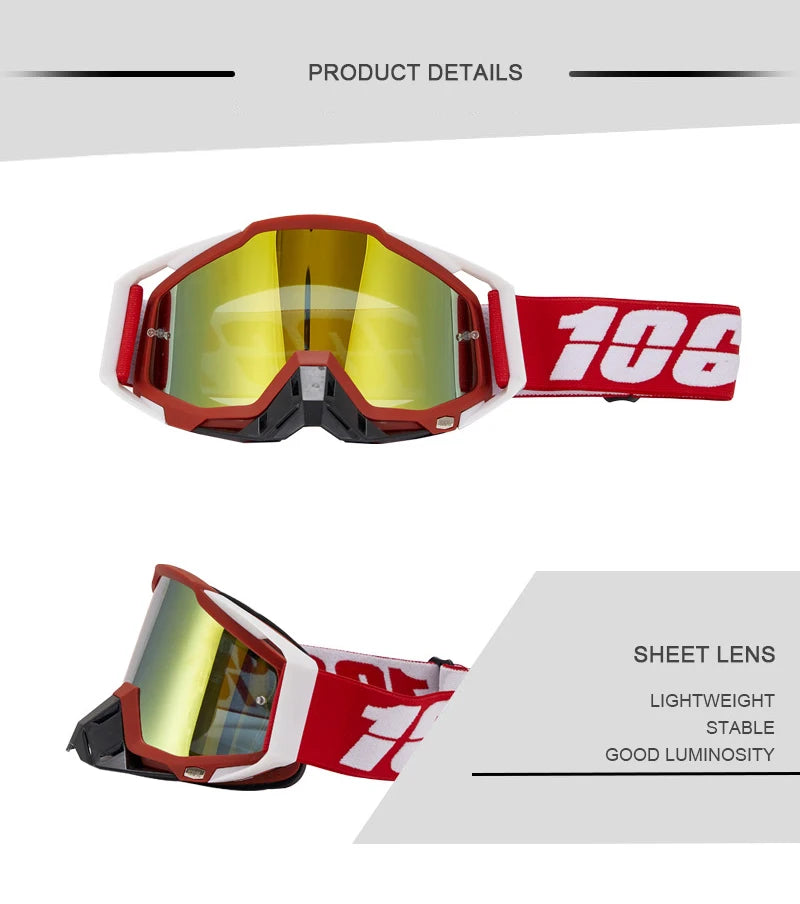 A pair of red and white durable motocross and cycling goggles shown in a product detail shot.