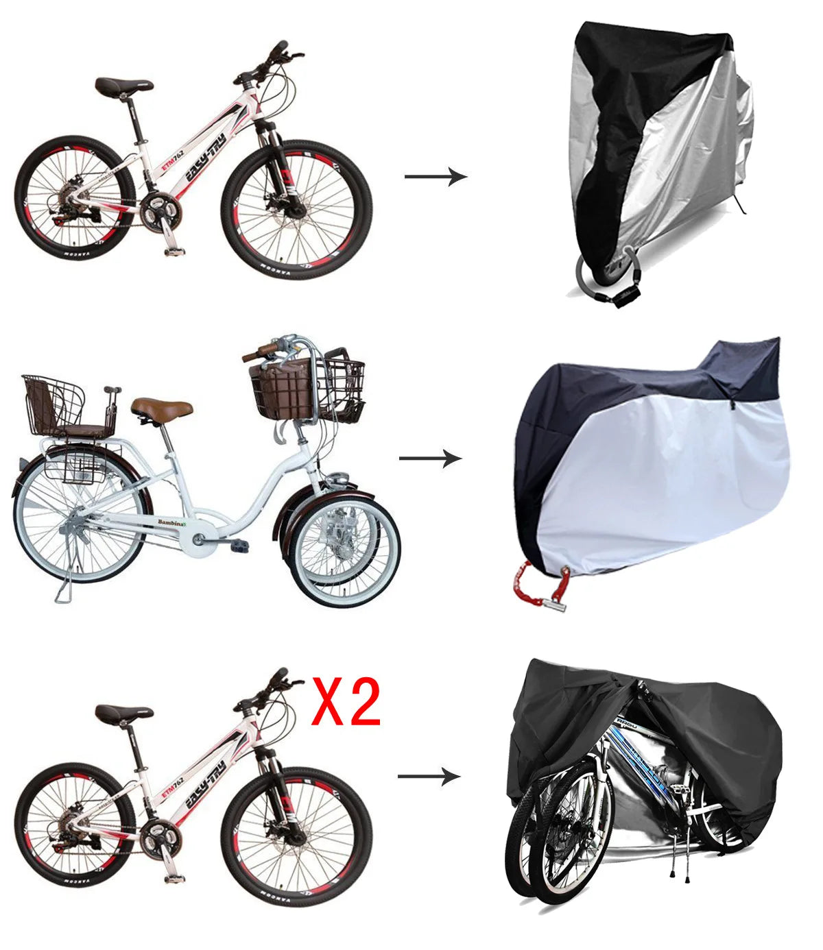 Images showing a bicycle and its corresponding heavy duty waterproof cover in various views.