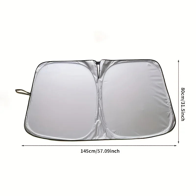 A silver heavy-duty portable car sunshade with a handle shown flat.