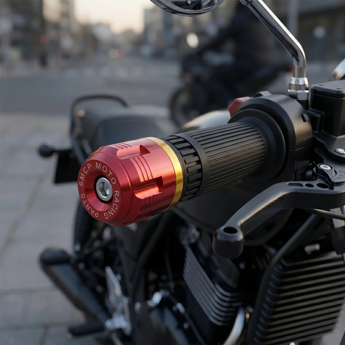 Close-up of a red and black motorcycle handlebar end plug with ribbed texture.