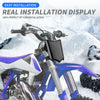 A black motorcycle number plate cover is installed on a purple and white electric bike in a snowy outdoor setting.