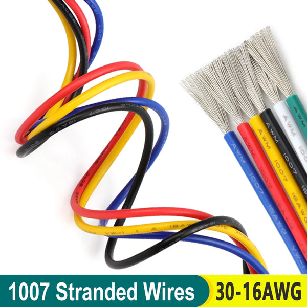 A bundle of 1007 stranded wires in various colors including red, yellow, black, and blue, next to a brush of similar wire str