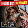 A hand sprays a strong rust remover onto a wheel rim, showing before and after results.