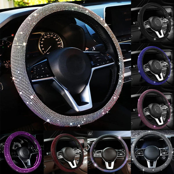 Various colored rhinestone steering wheel covers shown in close-up detail.