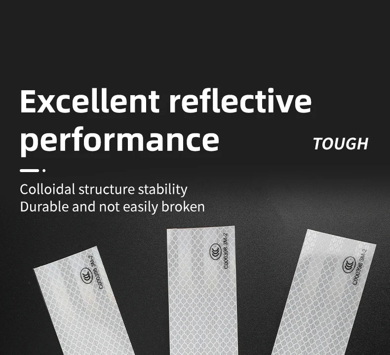 A close-up of a white reflective decal showing excellent performance and durable colloidal structure.