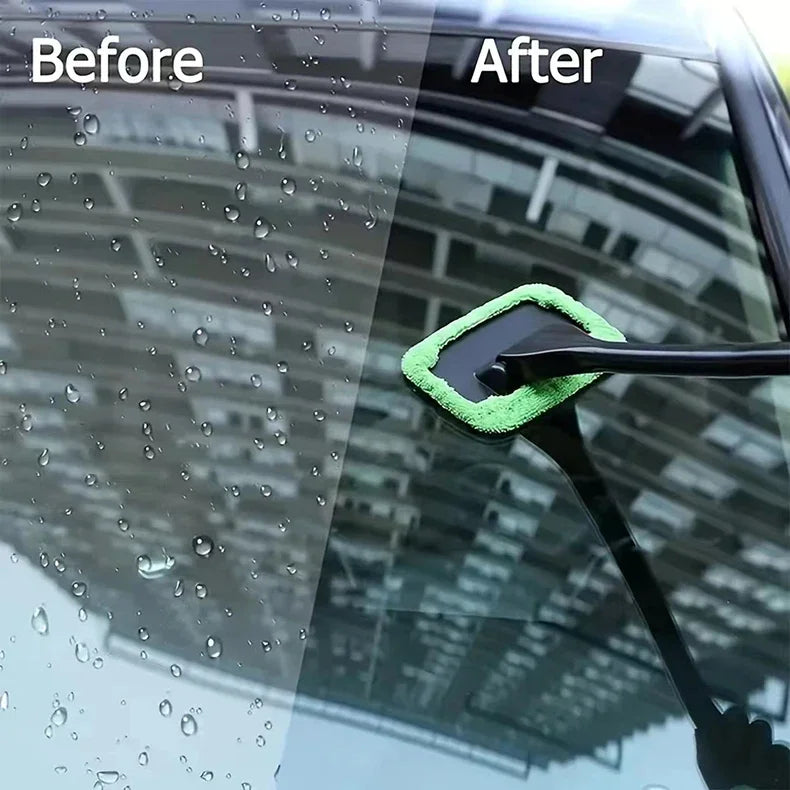 Before and after comparison of a long-handle car window cleaning brush removing water spots from a windshield.