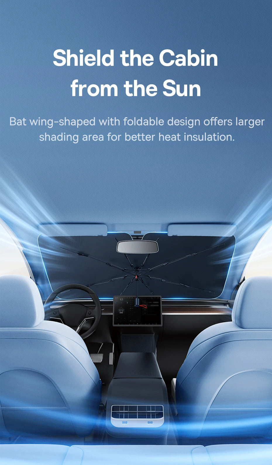 Interior view of a car showing a bat wing-shaped sun shade umbrella deployed over the windshield.