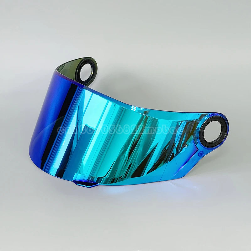 Visor de casco de motocicleta azul brillante con acabado reflectante e iridiscente.