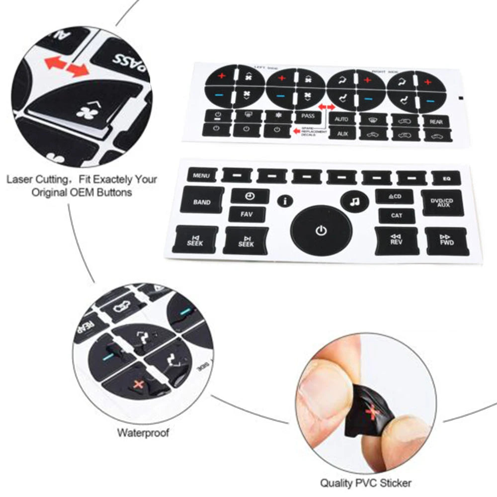 A set of decals and stickers for repairing OEM dash buttons on Buick, Chevy, and GMC trucks and SUVs.