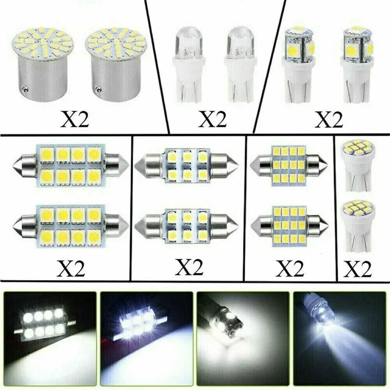 Various versions of 12V car interior LED dome and map lights shown in different configurations and angles.