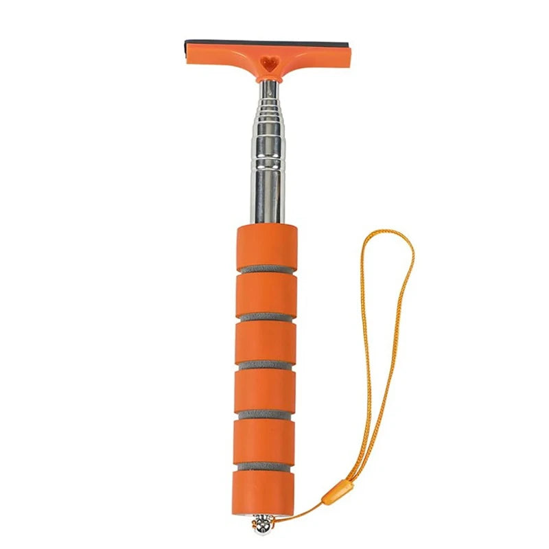 An orange universal car and glass cleaning tool set with a long handle and flexible cord.