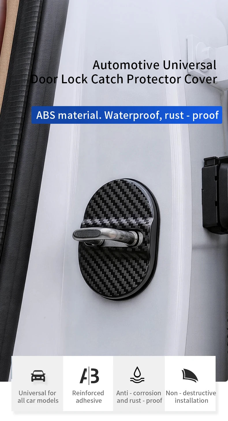 Black carbon fiber door lock catch protector cover for automotive doors, made of ABS material.