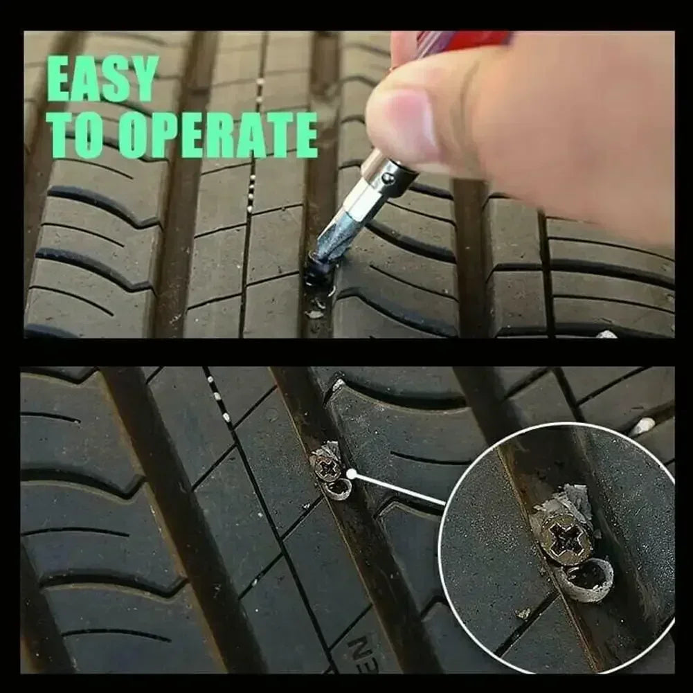 A hand is operating a universal tire puncture repair kit on a rubber tire tread.