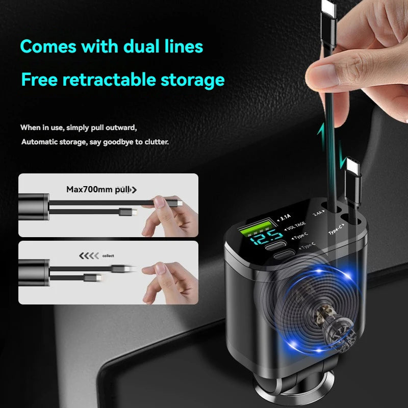 A hand is pulling out a dual-line retractable cable from a universal car charger device.