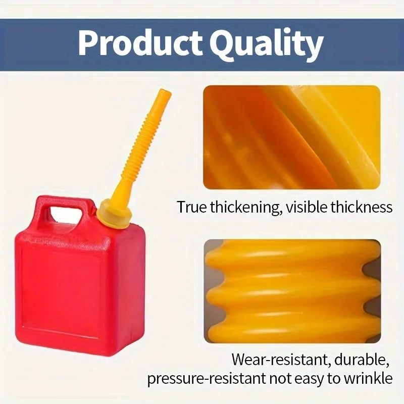 Red gas can with a yellow spout replacement nozzle adapter demonstrating true thickening and durability