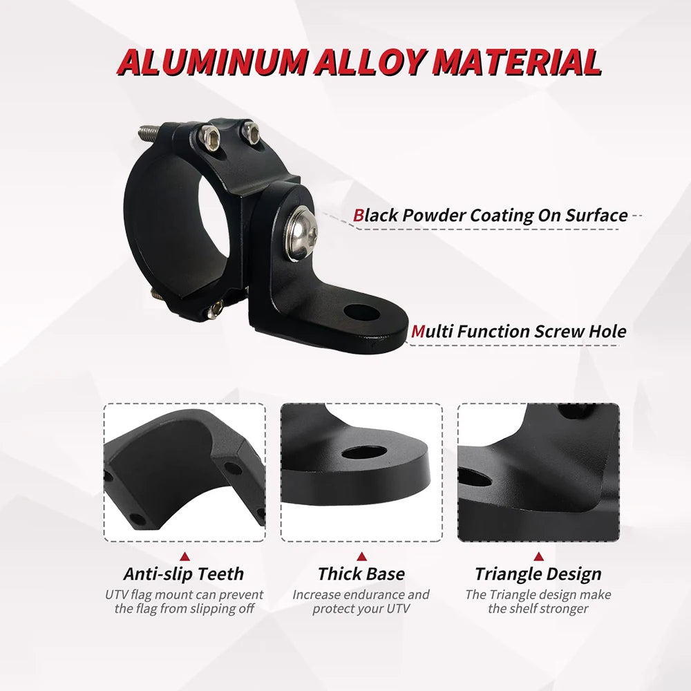 Black aluminum alloy mount with powder coating and multi-function screw hole for UTV LED whip light.