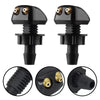 A pair of black universal car windshield washer nozzles with brass fittings shown from the top and bottom views.