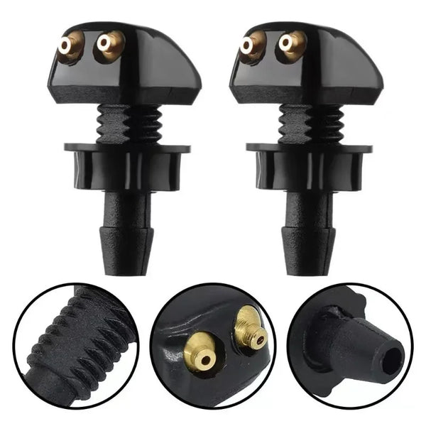 A pair of black universal car windshield washer nozzles with brass fittings shown from the top and bottom views.