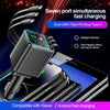 A black multi-port charger with seven retractable cables is shown charging a smartphone.