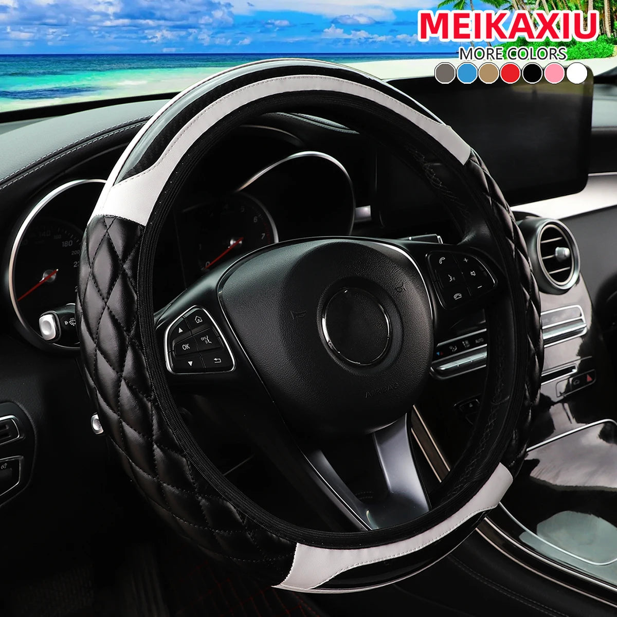 Black leather steering wheel cover with carbon fiber accents and silver trim inside a car