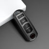 A black universal car key cover with various buttons and a red lens is shown on a gray surface.