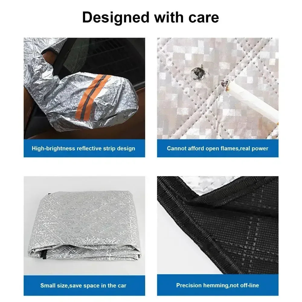 A silver reflective strip design for a universal car windshield sunshade and snow protector.