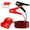 Câble et pince de démarrage pour outils 18V, rouge, avec un fil noir et rouge enroulé.
