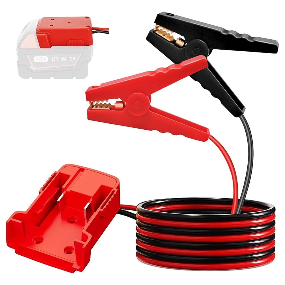 Câble et pince de démarrage pour outils 18V, rouge, avec un fil noir et rouge enroulé.