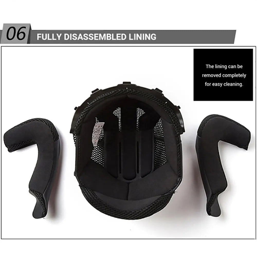 Fully disassembled lining of a black motorcycle helmet showing the inner padding components.