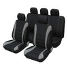 A row of black seat covers and cushions for a vehicle, shown from above.