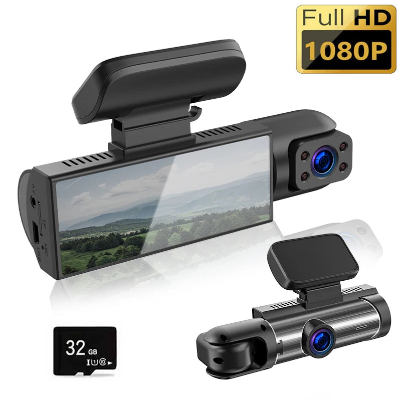 Caméra dashcam noire avec grand écran et objectif, accompagnée d'une carte SD.
