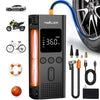 A black portable digital tire inflator device shown next to various bicycle and car tires.