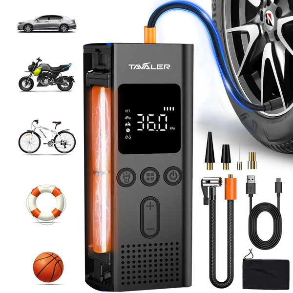 A black portable digital tire inflator device shown next to various bicycle and car tires.