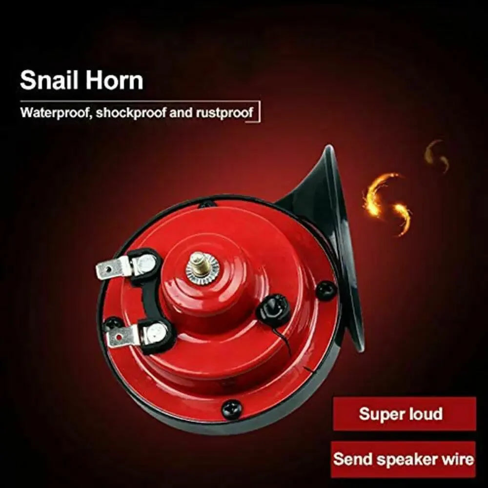 A red snail horn component with a mounting plate and speaker wire connection.