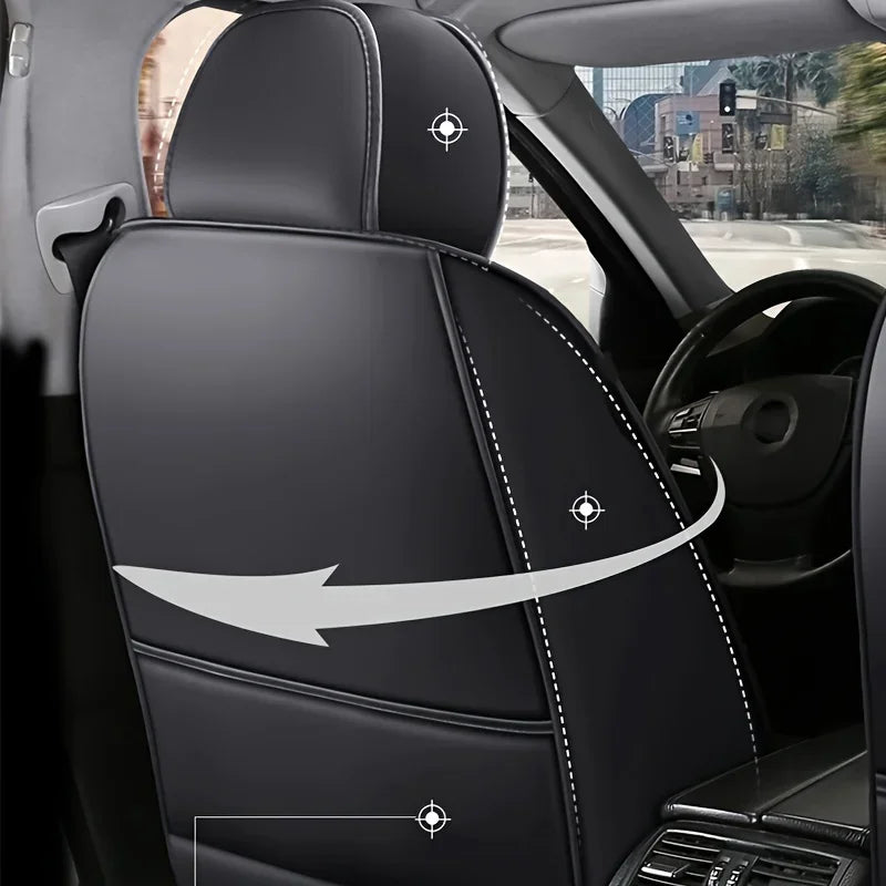 A close-up view of a black car seat with leather covers, showing stitching and an arrow pointing to the seat cushion.