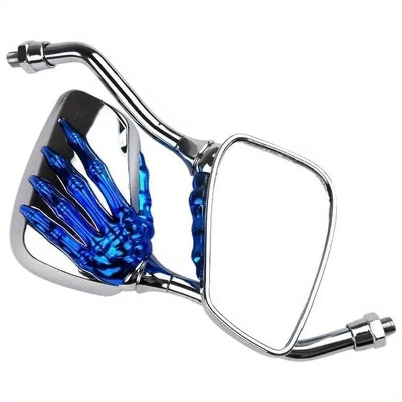 A chrome universal motorcycle rear view mirror set with a blue hand model for demonstration.
