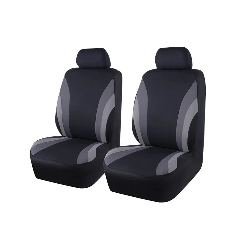 A pair of black universal breathable fabric car seat covers shown from the side.