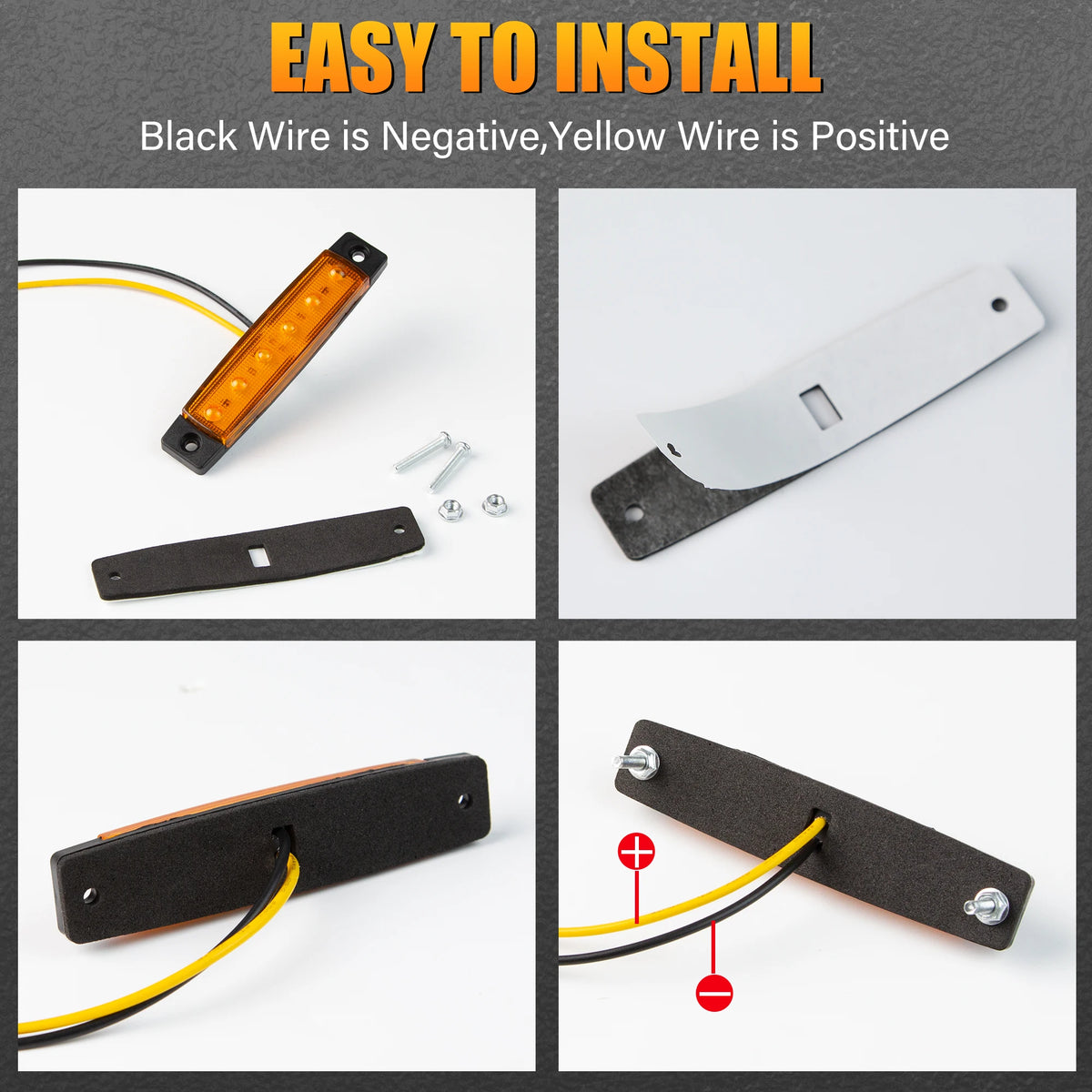 Guide d'installation montrant les fils noirs négatifs et jaunes positifs pour une lumière marqueur LED multicolore.