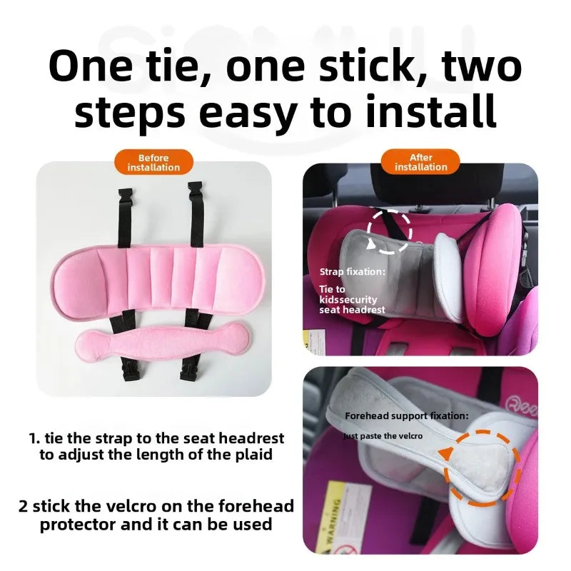 Anleitung zur Installation eines Gurts und Velcro-Schutz auf einem rosa Kopfstützkissen für Babyautositze.