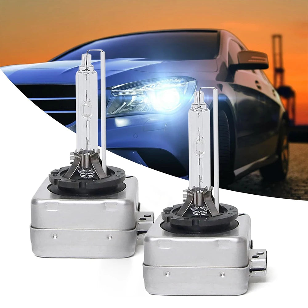 Two universal Xenon HID car headlight bulbs are shown next to a modern car with its headlights illuminated.