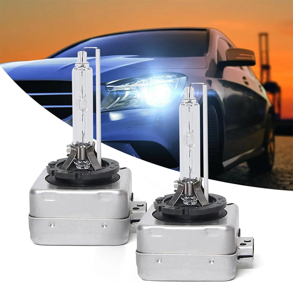Two universal Xenon HID car headlight bulbs are shown next to a modern car with its headlights illuminated.