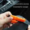 A hand holds an orange cut seat belt tool, essential for emergency escape.